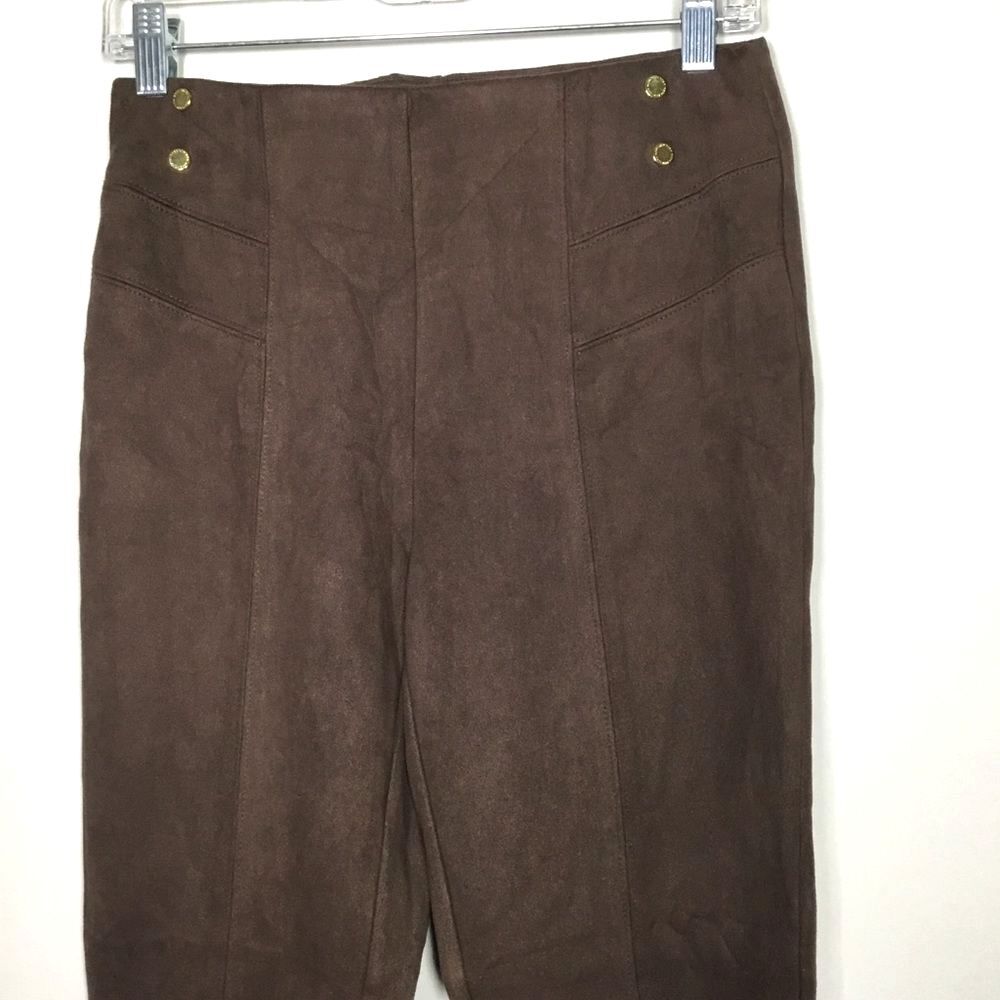 Brown faux suede stretchy pants gold tone buttons waist 28” western cowgirl S - Picture 3 of 7